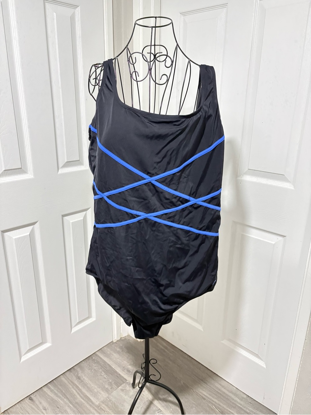 Swimsuits for All Plus Size Black One-Piece Swimsuit with Blue Crisscross Trim